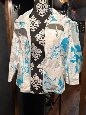 Vintage 80s Sea Suns Watercolor Abstract Floral Zip Utility Jacket White/Teal S
